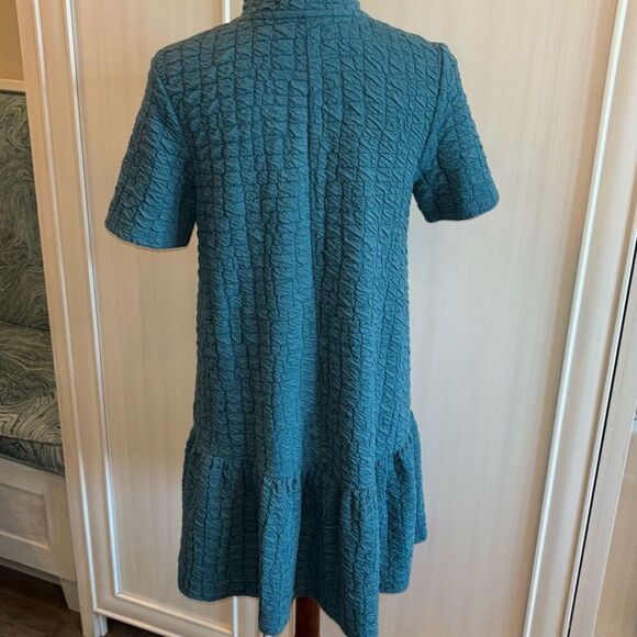ZARA textured blue green mock turtleneck skater dress fit flare Sz M textured - Picture 7 of 12